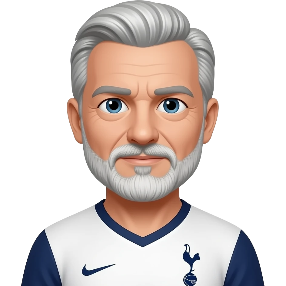 White man in his 50’s. Salt and pepper hair parted in the middle and feathered back. Salt and pepper short beard and mustache and wearing Tottenham jersey emoji