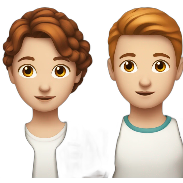 White young girl with dark copper-colored hair tied back with a white young boy with brown hair emoji