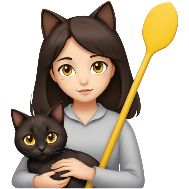A girl with medium-length hair, brown eyes, brunette and slightly swarthy.In her arms is a black paddle-eared cat with yellow eyes emoji