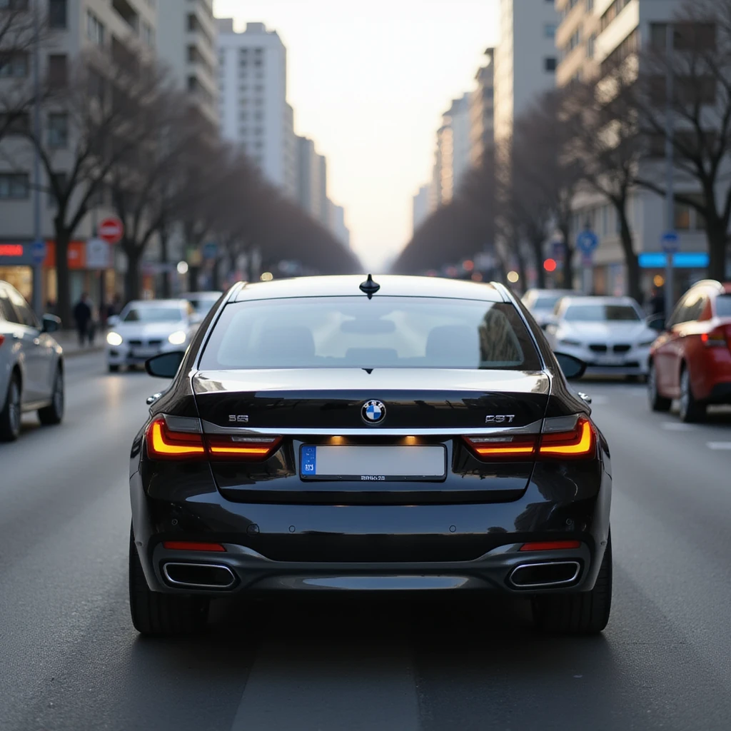 BMW Series 7 2022, from behind, photorealistic, on a busy Bucharest road, blurry city background, blurred license plate, highly realistic emoji