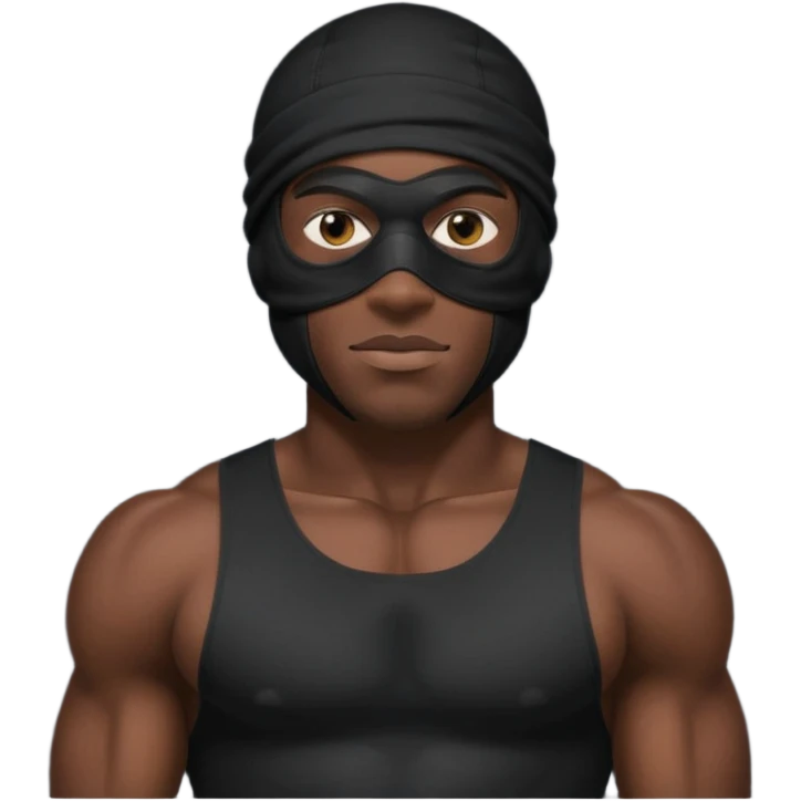 smug muscular african male black ski mask wearing guy with no top. wears a full ski mask with only eyes revealed emoji