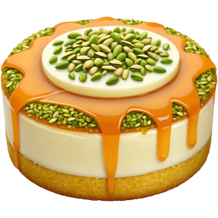 A small round emoji of traditional kanafeh with golden-orange crispy threads, a gooey white cheese center, and a light sprinkle of green pistachios. Warm and delicious-looking. emoji