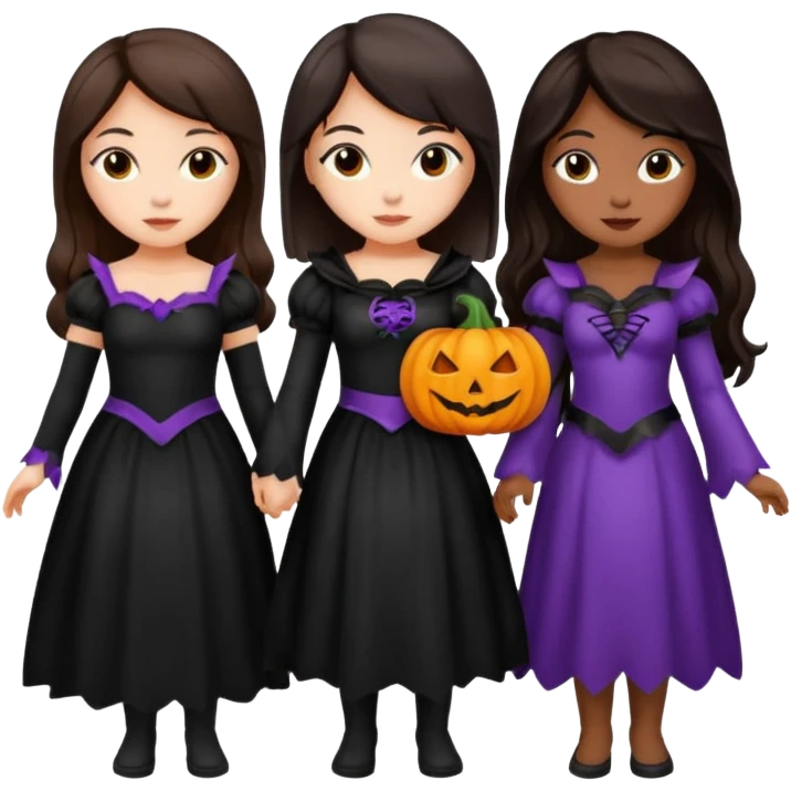 Three best girlfriends cute Halloween with dark brown hair. One African-American, one Asian, one Caucasian. emoji
