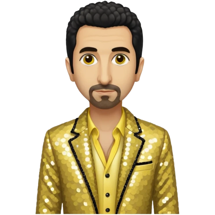 Serj Tankian with ivory sequin jacket, yellow shirt emoji