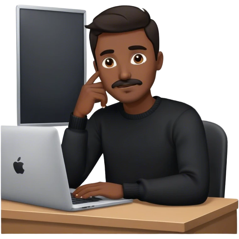 **"Apple-style memoji of a man with dark hair, black eyes, slight beard and mustache, wearing a black sweater. He sits at his desk with a laptop in hand, minimalistic and modern."** emoji