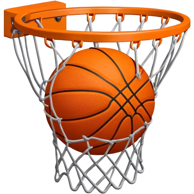 Simple orange basketball with NBA logo caught in basketball net from below perspective, iOS emoji style emoji