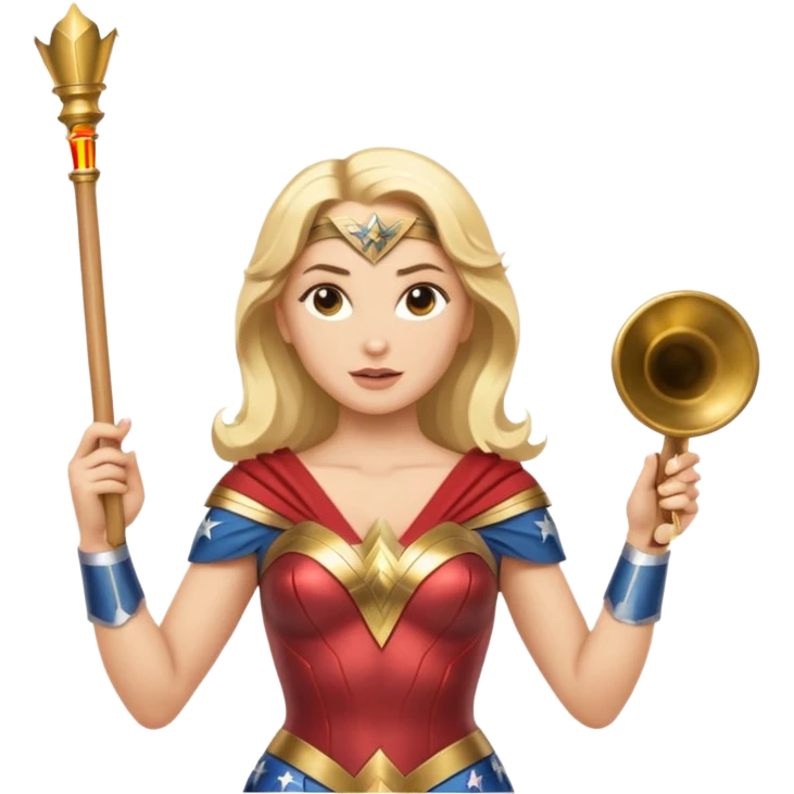 Blonde Wonder Woman holding white orchestra conductor’s baton and bell emoji