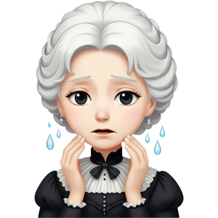 A Victorian woman with elegant coiffed white hair wearing a modest black mourning dress sobbing with tears streaming down her face emoji