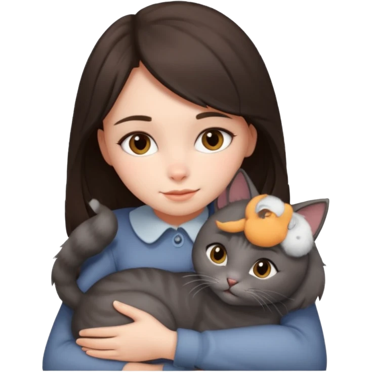 Grey cat hugging a brunette girl emoji