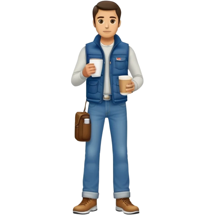 full body man with plain puffy vest with no pockets over long sleeved shirt wearing straight levi boot cut levi blue jeans and tennis shoes holding coffee mug in his hand emoji