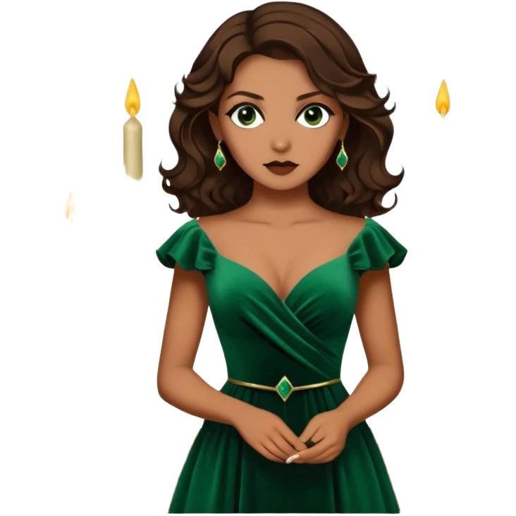A half-body image of a woman with dark, smoky eyes and soft, wavy brown hair. She’s wearing a velvet, emerald green dress, with a serious yet alluring expression, standing in front of an antique, candlelit setting. emoji