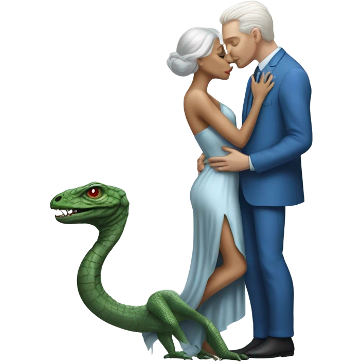 White man in blue dress  hugs and kissing Alien reptilian woman in silver dress  emoji
