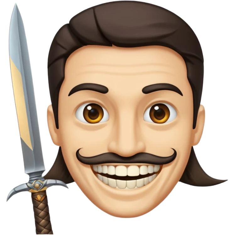 Haz que tenga una sonrisa epica una cicatriz en el ojo serrado y una espada entre los dientes y dos más a cada lado. emoji