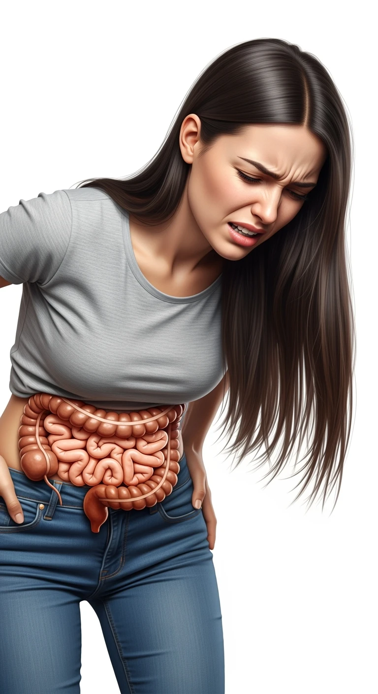 donna giovane piegata in avanti con mal di pancia e INTESTINO UMANO ANATOMICO IN EVIDENZA, iperrealistica 4k, ISOLATA SU SFONDO BIANCO emoji