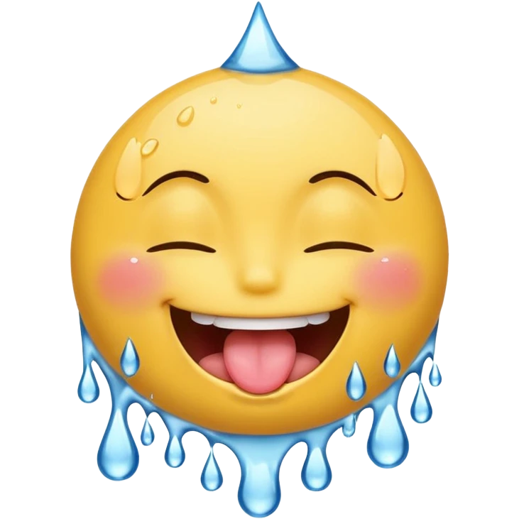 Smiley face, tongue out, closed eyes, dripping water droplets, white drops on mouth emoji