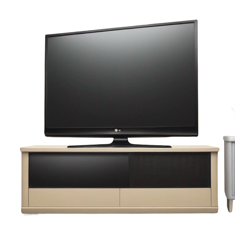 Lg tv with black screen on a beige tv stand emoji