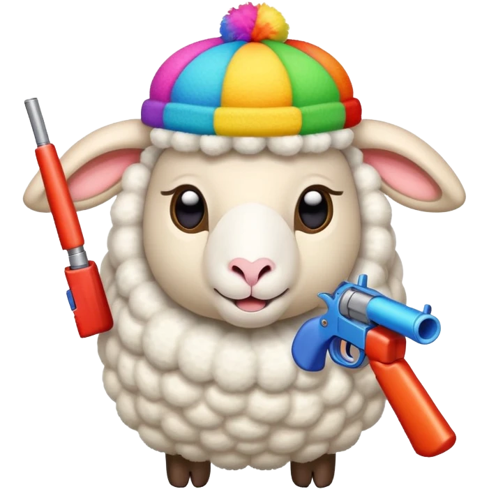 a sheep holding two guns and wearing a childish colorful propeller hat  emoji