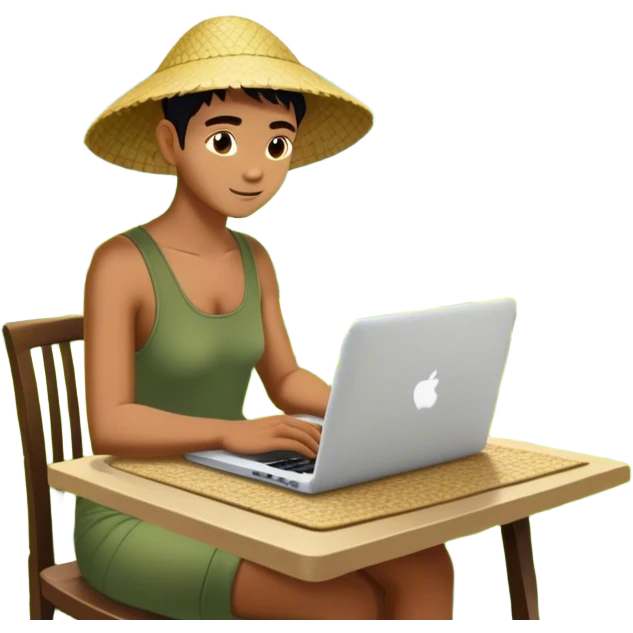A digital nomad sits at a café in Bali, working on a laptop surrounded by lush green rice terraces and swaying palm trees emoji