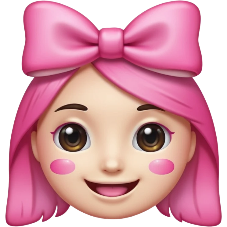 surreal and kawaii emoji face with huge sparkling cartoon eyes, a wide realistic human smile with perfect teeth, pink cheeks, and a big pink bow on its head. The background is transparent. Above the head, the text "kawowiwo-wiwi" is written in a playful, handwritten font emoji