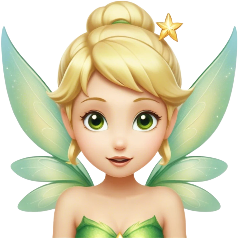 Cinematic Realistic Blonde Tinker Bell Fairy Portrait, head tilted playfully and inquisitively, showcasing a delicate pixie form with finely detailed, golden blonde hair and softly glowing, translucent wings that catch the light with a cascade of fairy dust. Her bright, curious eyes sparkle with mischief and wonder, rendered with lifelike clarity and warm, gentle lighting that captures the essence of a spirited, charming fairy ready to flutter playfully into your heart. emoji