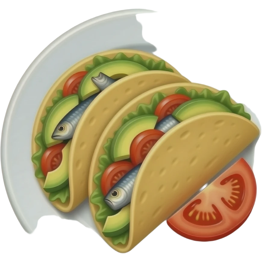 tacos de sardina en pedazos, con aguacate y jitomate servidos en un plato blanco plano emoji