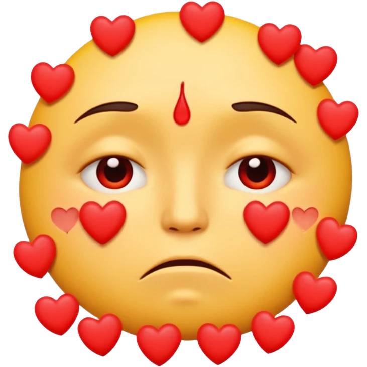 A yellow circular frowning face that is crying tears from its eyes, with a dozen hearts floating from top to bottom in front of it emoji
