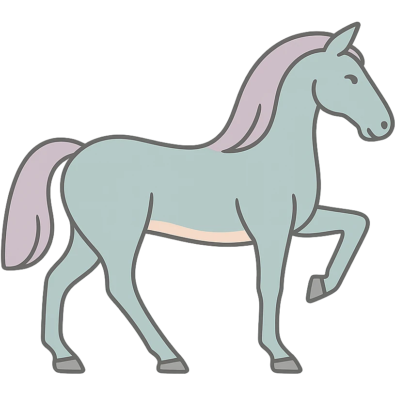 Create an icon-color-outlined style image of a horse, symbol of the year in Feng Shui, in Chinese Eastern style. Use thin clean contours, soft rounded shapes, and a pastel palette including #98B5BC, #B5B3C1, #C9A3C9, #E4C0CA, #F7DCD1, #F7C0AA. Include detailed shadows and highlights with soft lighting. The horse should have the appearance and details of the last generated horse, with the pose as in the reference image. The background should be transparent. The style should be less cute and without decorative elements. emoji