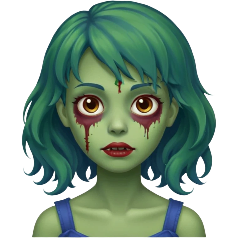 faça uma menina zumbi verde bonita com um cabelo ondulado, olhos castanhos-avermelhados e que metade da franja seja azul escuro e o a outra metade e resto do cabelo sejam castanho escuros emoji
