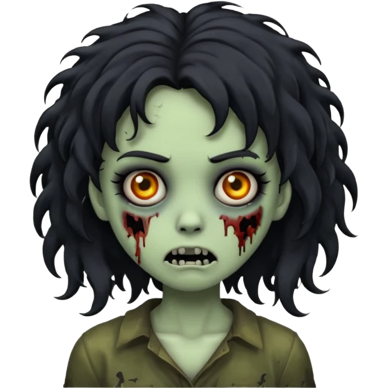 emoji style girl zombie with black curly medium-long hair, emo, shaggy, dark, spooky, creepy expression emoji
