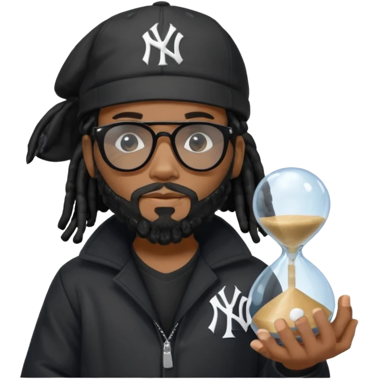 African American Man with shoulder length black dreadlocks with black beard wearing black sunglasses wearing a black bubble winter coat and a New York Yankees logo baseball cap holding a hourglass emoji