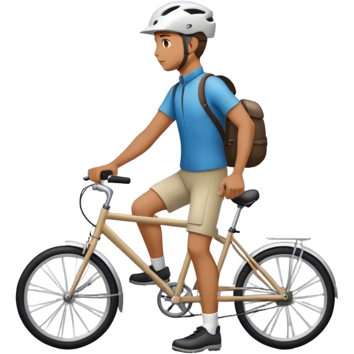 a man walking next to his bike, a bicycle helmet on the head emoji