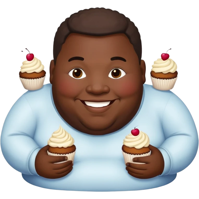 Extremely overweight African American man with a very round face and body, smiling and holding cupcakes emoji