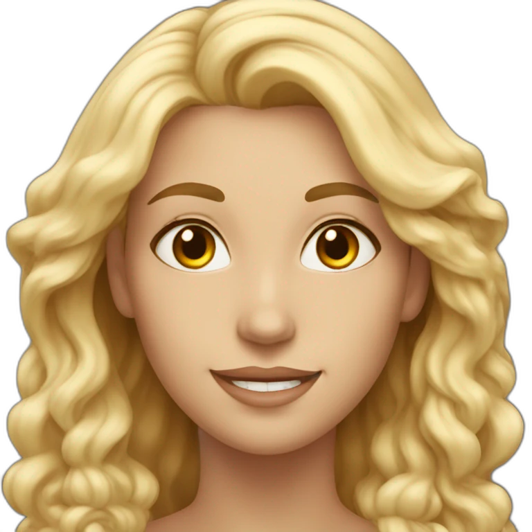 a beautiful woman, in the representation of the One who loves God, has a big smile, stares at the camera in front of her, her hair is blond and long emoji