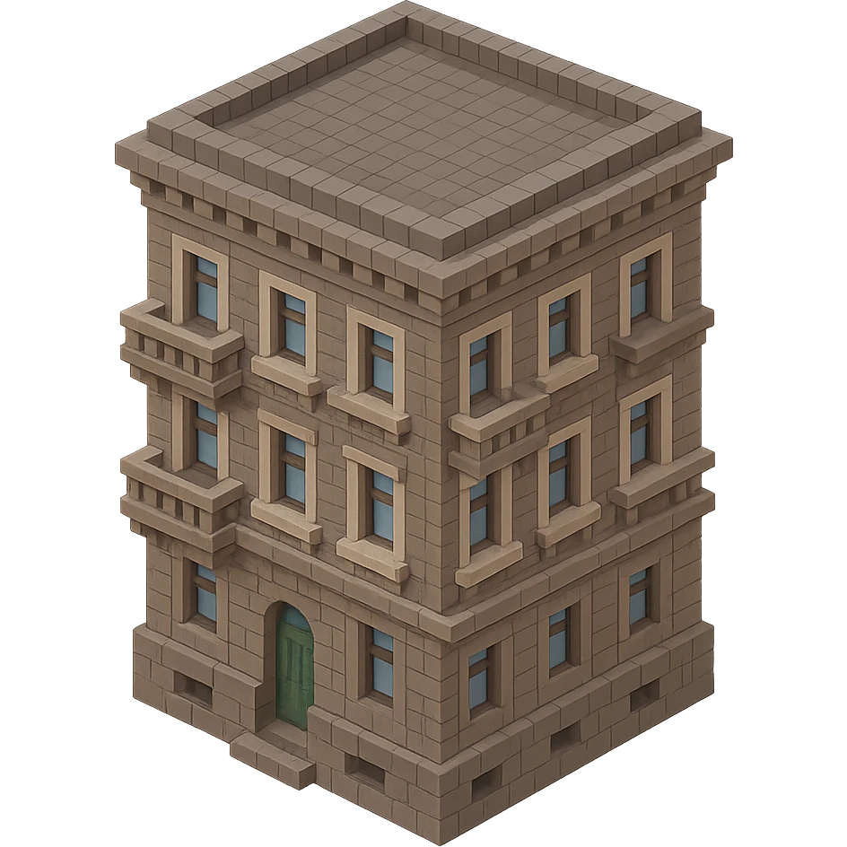 old Saint Petersburg building in voxel style, gray-brown palette, detailed cornices and balconies, isometric view emoji