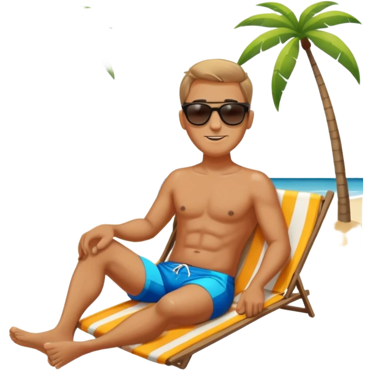 Man relaxing on beach with sunglasses and swim shorts emoji