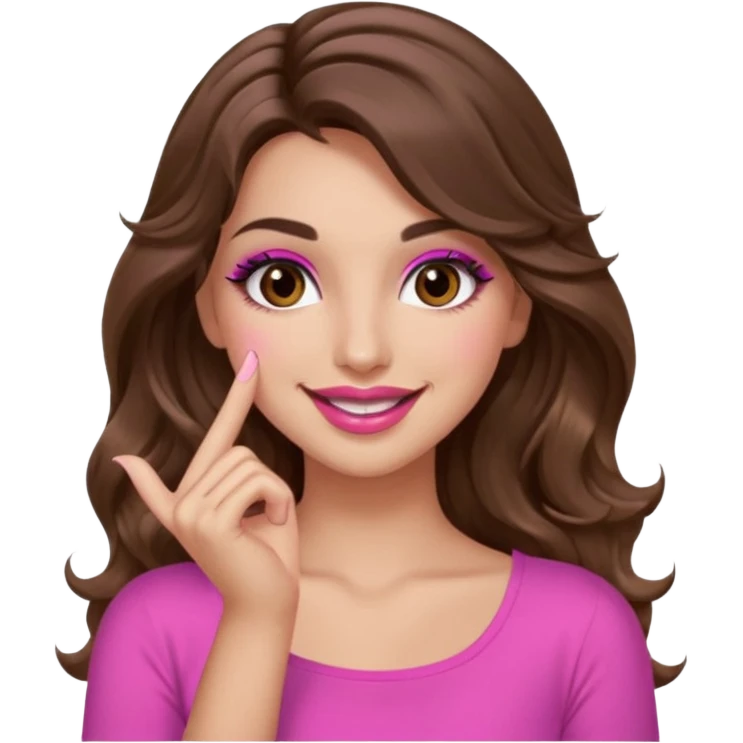 girl with long wavy brown hair, brown eyes, long lashes makeup, sexy pink lips, light to medium complexion, pink sexy top, smiling, hand by the cheek snapping fingers emoji