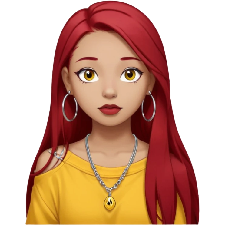 generate a pretty bratz girl with dark brown eyes. Dark long red hair straight long. wearing a yellow oversized tee falling off her shoulder, dainty silver necklace, silver hoops, septum piercings. big eyeliner emoji