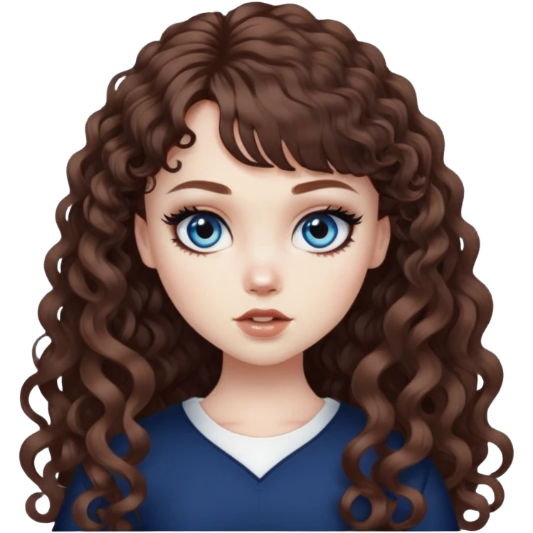 pale skin, brown bangs long curly hair, dark blue eyes, black eyeliner, pretty bratz baddie emoji