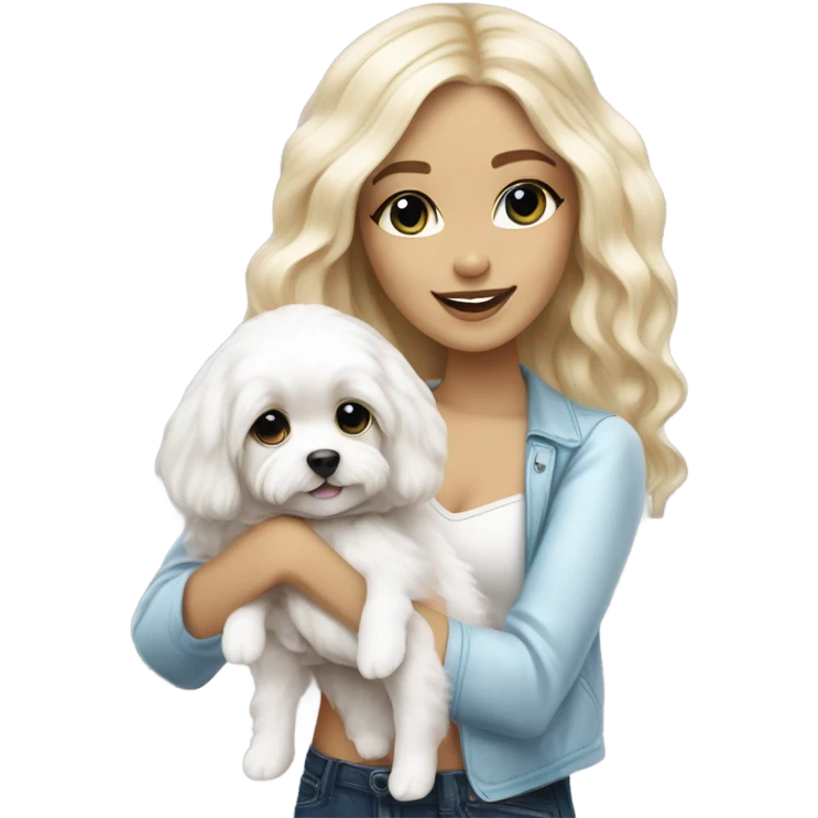 White Cute straight long-haired Blonde and blue-eyed girl fashion nightclub outfit and holding happy white cavachon dog emoji