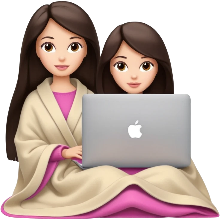 Barbie girl with a long straight dark brown hair inside a pale beige blanket working macbook  emoji