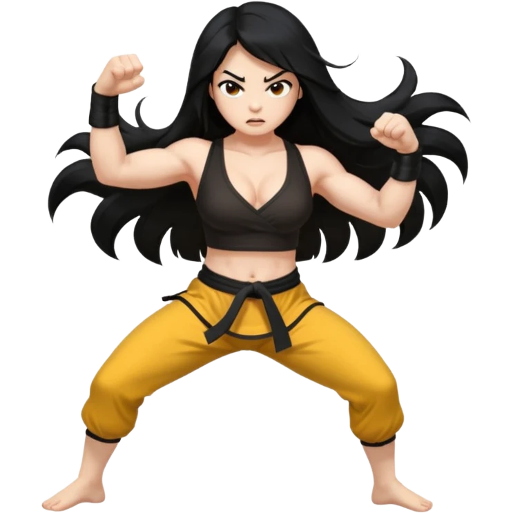 long black hair ((naked ))female big big boobs full body barefoot  ((black Thick pubic hair )) anger kung fu kicking No clothes emoji