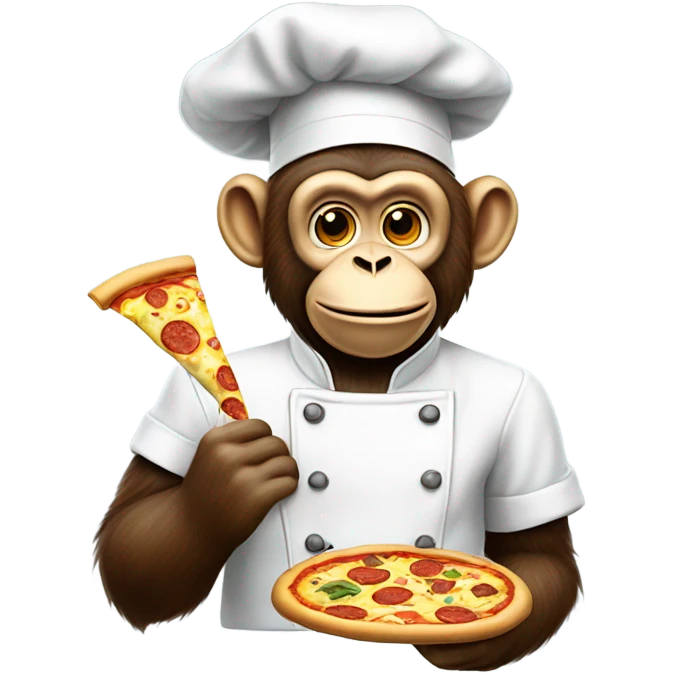 A monkey wearing a tiny chef hat, cooking a pizza with bananas emoji