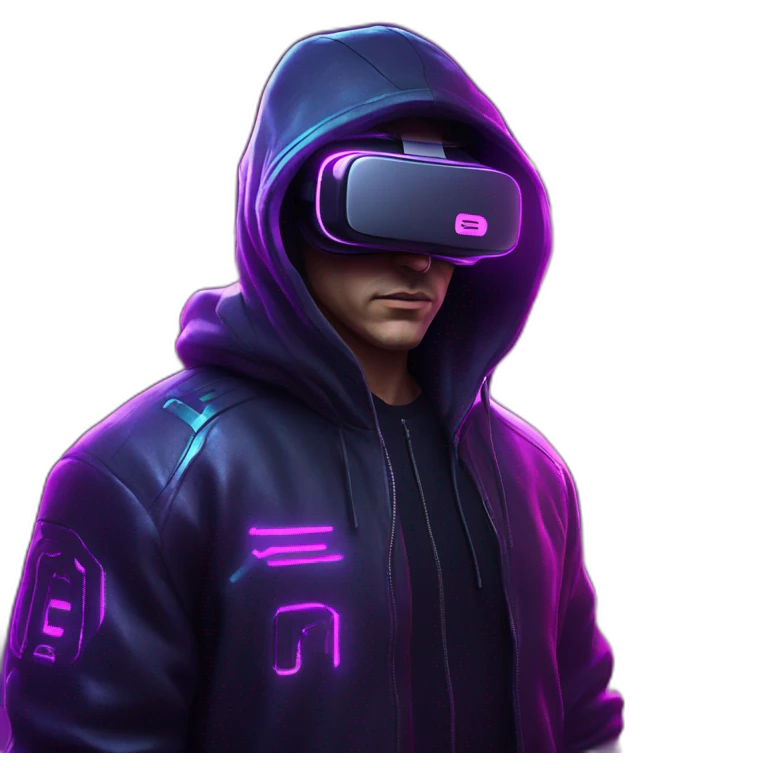 Russian man wearing a black hoodie with "OMG" letters on it and VR headset in a cyberpunk VR environment with violet neon lighting. emoji