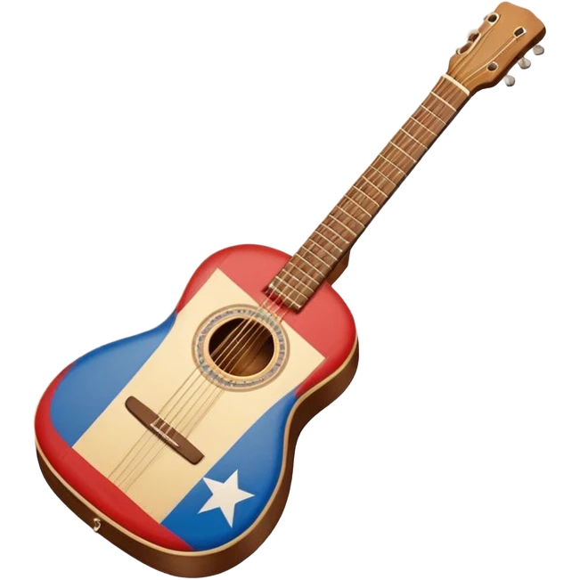 “Flat vector icon of a Cuban tres guitar in three-quarter view, warm brown wood with 3 string courses, thick outline, centered on a warm cream or beige rounded-square (or circle); add a small simplified Cuban flag (blue, red, white) on the soundboard like a sticker.  emoji