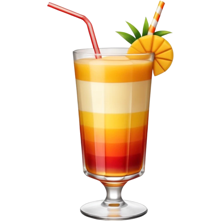 A beautiful cocktail with a gradient from red to orange, topped with mango pudding and lined with a striped straw. emoji
