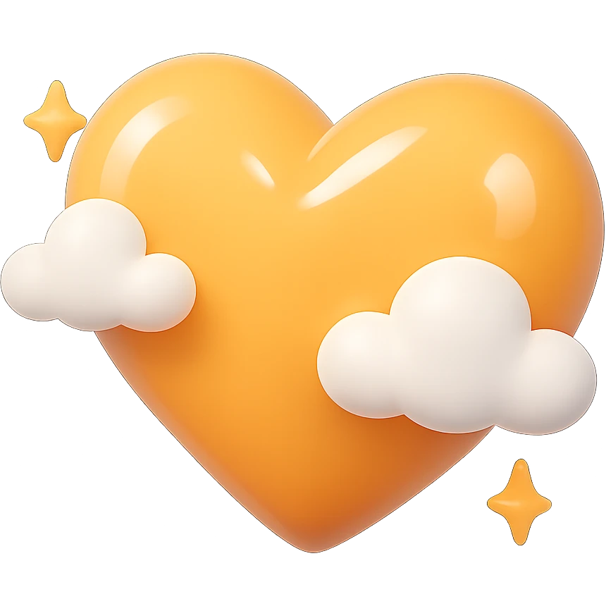 Orange heart with clouds and sparkles, shiny and glossy, in 3D iOS emoji style on a transparent background. emoji