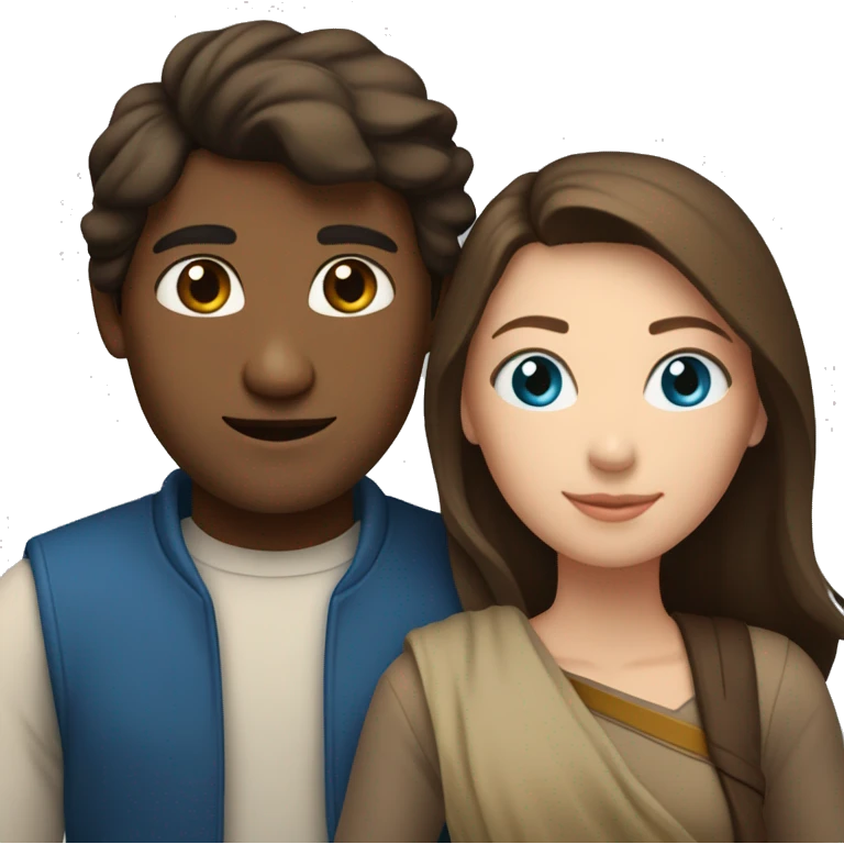 Couple with arms around each other; white woman with blue eyes and brown hair, Indian man with black hair  emoji