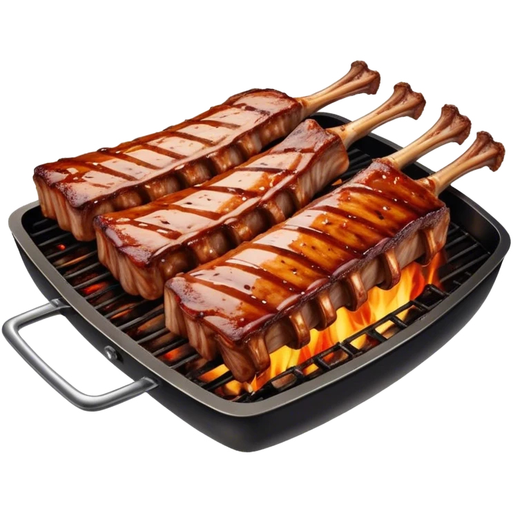 Cinematic juicy grilled ribs, glistening with smoky barbecue sauce, charred edges, tender meat falling off the bone, sizzling on a hot grill, mouthwatering and rich, warm and inviting, ultra-realistic and delicious. emoji