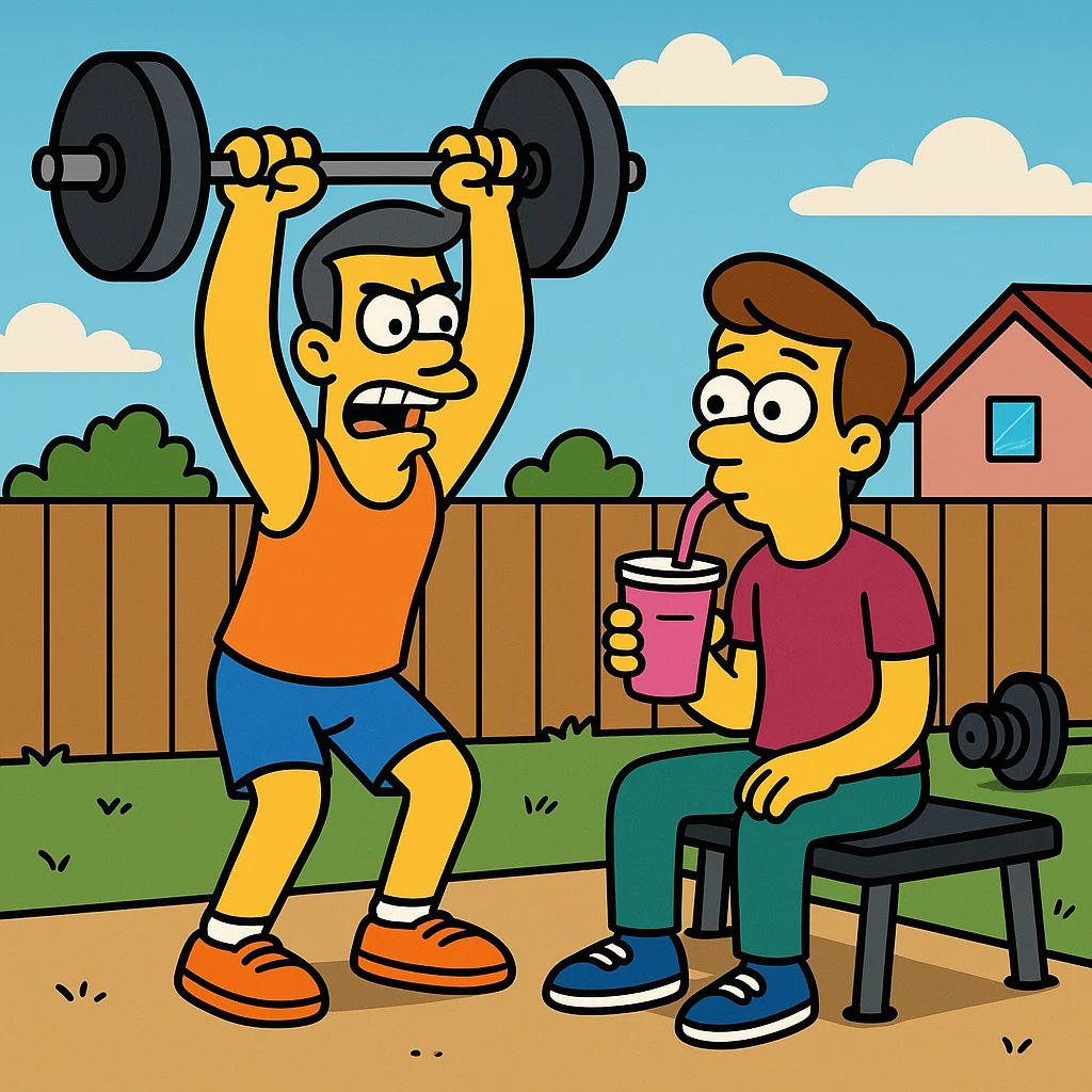 Jake is all about pushing limits (he always tries to do more), while (in contrast) Tom… well, he’s more into sipping smoothies (he likes slowly drinking smoothies). 2 guys at gym emoji