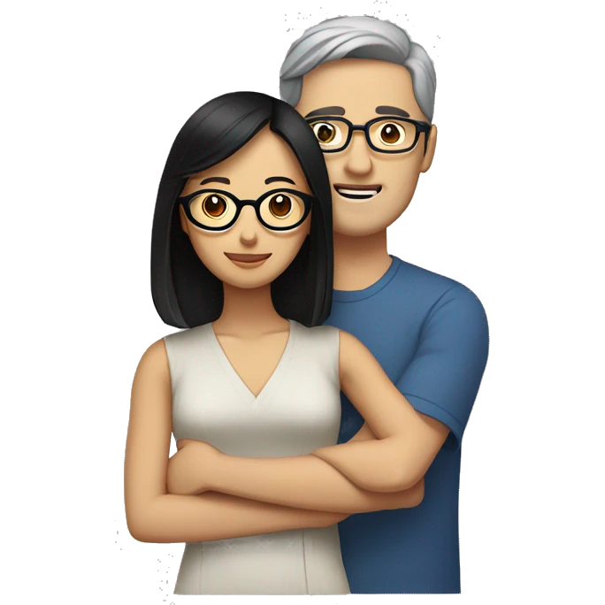 A bespectacled brown-haired white man and a black-haired Asian woman holding him emoji